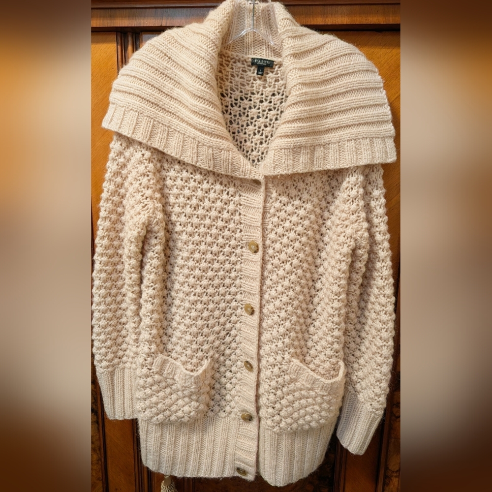 Talbots Wool & Alpaca Blend Chunky Knit Cream Button Cardigan Sz L 20s-30s Vibe